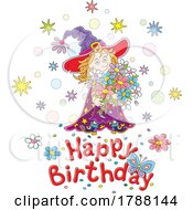 Poster, Art Print Of Cartoon Witch With Flowers Over A Happy Birthday Greeting