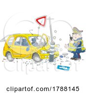 Cartoon Police Officer And Wrecked Car