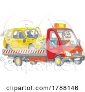 Cartoon Tow Truck Driver Taking Away A Wrecked Car by Alex Bannykh