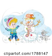 Poster, Art Print Of Cartoon Boy And Puppy Making A Snowman