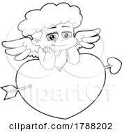 Cartoon Black And White Cupid Baby Boy On A Heart Struck With An Arrow