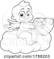Cartoon Black And White Cupid Baby Boy Holding A Box Of Valentine Candies On A Cloud