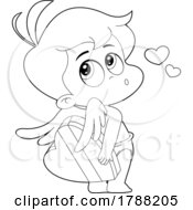 Cartoon Black And White Cupid Baby Boy Holding A Box Of Valentine Candies Behind His Back