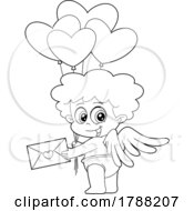 Cartoon Black And White Cupid Baby Boy Holding A Valentine And Heart Balloons