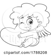 Cartoon Black And White Cupid Baby Boy Hugging A Heart