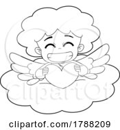 Poster, Art Print Of Cartoon Black And White Baby Girl Cupid Holding A Heart On A Cloud
