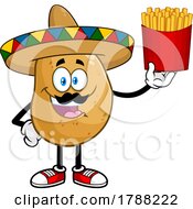 Cartoon Mexican Potato Mascot Holding Up Fries