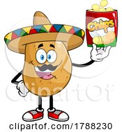 Cartoon Mexican Potato Mascot Holding A Bag Of Chips