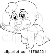 Poster, Art Print Of Cartoon Black And White Baby Boy Reaching And Releasing A Pacifier While Crawling