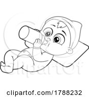 Cartoon Black And White Baby Boy Holding A Bottle And Resting On A Pillow
