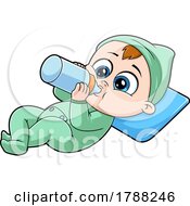Poster, Art Print Of Cartoon Baby Boy Holding A Bottle And Resting On A Pillow