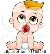 Cartoon Baby Boy Sitting With A Pacifier And Looking Up