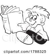 Poster, Art Print Of Cartoon Black And White Happy Boy Sitting And Reading A Book