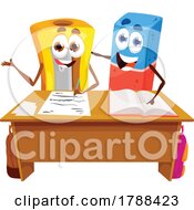 Eraser And Pencil Sharpener Mascots At A Desk