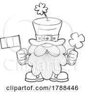 Cartoon Black And White Long Bearded Leprechaun Holding An Irish Flag And Shamrock by Hit Toon