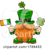 Cartoon Long Bearded Leprechaun Holding An Irish Flag And Shamrock