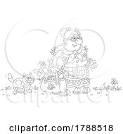 Cartoon Black And White Lady And Cat Carrying Home Groceries