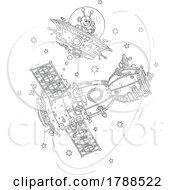 Cartoon Black And White Alien Flying Around A Satellite