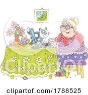 Cartoon Lady And Cat Using A Computer