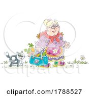 Cartoon Lady And Cat Carrying Home Groceries