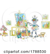 Poster, Art Print Of Cartoon Robot Painting On A Canvas