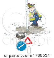 Poster, Art Print Of Cartoon Police Officer Measuring A Deep Pot Hole