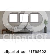 Poster, Art Print Of 3d Contemporary Living Room Interior With Three Blank Picture Frames
