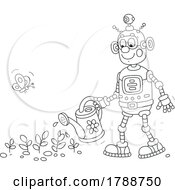 Poster, Art Print Of Cartoon Black And White Robot Watering A Garden