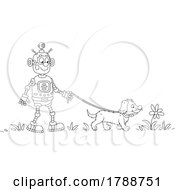 Poster, Art Print Of Cartoon Black And White Robot Walking A Dog