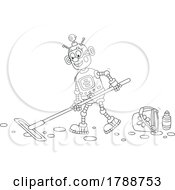 Poster, Art Print Of Cartoon Black And White Robot Mopping