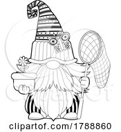Cartoon Black And White Gnome Holding A Butterfly Net And Potted Flower