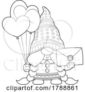 Cartoon Black And White Female Valentines Day Gnome Holding A Card And Balloons by Hit Toon
