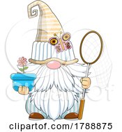 Cartoon Gnome Holding A Butterfly Net And Potted Flower