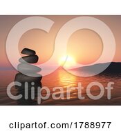 3d Landscape With Balancing Pebbles In Sunset Sea