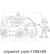 Cartoon Black And White Robot Waving By A Car