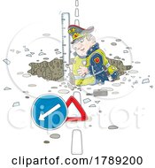 Poster, Art Print Of Cartoon Police Officer Measuring A Deep Pot Hole