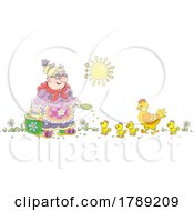 Cartoon Granny Feeding Chickens