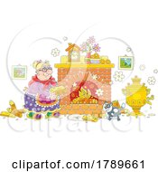 Cartoon Senior Lady Chopping Putting Wood In A Fireplace