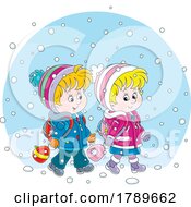 Poster, Art Print Of Cartoon School Children Walking In The Snow
