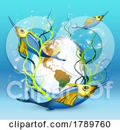 Allegory Illustration Of Three Swordfish Swimming Around The Earth In Underwater World
