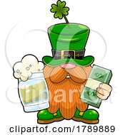 Poster, Art Print Of Cartoon St Patricks Day Leprechaun Gnome Holding Beer And Money