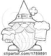 Cartoon Black And White St Patricks Day Leprechaun Gnome Holding A Beer And Pot Of Gold