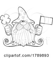 Cartoon Black And White St Patricks Day Leprechaun Gnome Holding A Shamrock And Flag