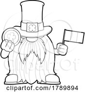 Cartoon Black And White St Patricks Day Leprechaun Gnome Holding A Coin And Irish Flag
