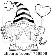 Cartoon Black And White St Patricks Day Leprechaun Gnome Holding Calendar And Balloon