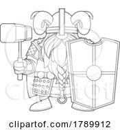 Cartoon Black And White Gnome Viking With A Shield And Hammer by Hit Toon
