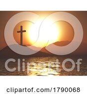 3D Good Friday Background With Cross In Sunset Sea Landscape