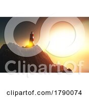 Poster, Art Print Of 3d Lighthouse On A Cliff Against A Sunset Landscape