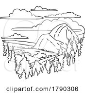Poster, Art Print Of Olmsted Point With View Of Half Dome In Yosemite National Park Monoline Line Art Drawing
