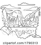 Poster, Art Print Of Mirror Lake Trail In Yosemite National Park California Monoline Line Art Drawing
